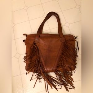 Brown leather western fringe hobo bag